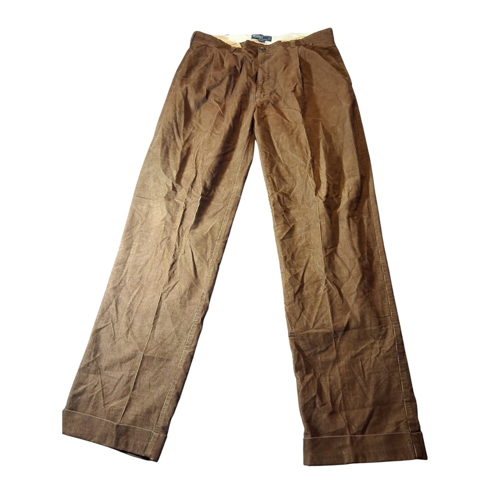 Polo Ralph Lauren Hammond Pant Mens 36x34 Brown Corduroy Pleated Cuffed Trousers
